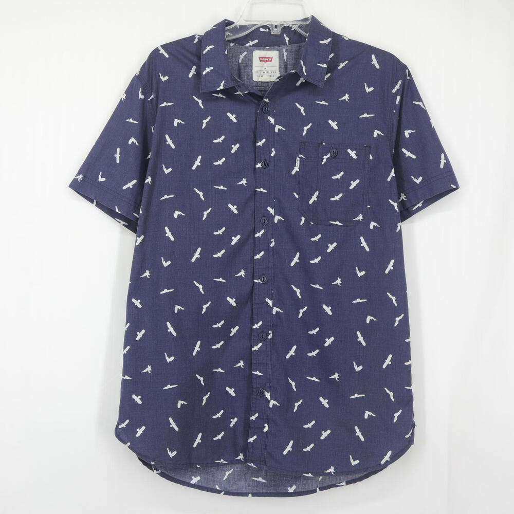 Levi’s Men’s Short Sleeve Button Up Shirt Navy Blue Bird Print M